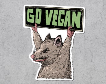 Adesivo de vinil à prova d'água com o tema "Go Vegan Opossum" (Seja Vegano/Gambá).