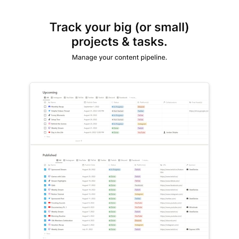 Notion content creator template social media notion template content