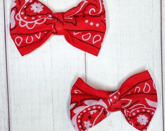 Red Bandana Bow, Large or Pigtail Bows Set of Two, Baby or Toddler Girl Hair Accessory, Alligator Clip Finishing