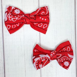 Red Bandana Bow, Large or Pigtail Bows Set of Two, Baby or Toddler Girl Hair Accessory, Alligator Clip Finishing