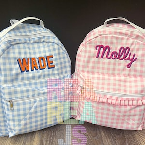 Monogrammed Gingham Nylon Backpack in Pink or Blue, Personalized Diaper Bag, School Bag for Kids image 5