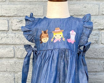 Cowgirl Trio Dress, Girls Rodeo Dress, Chambray Dress for Go Texan Day, Denim Cowgirl Dress for Baby or Toddler