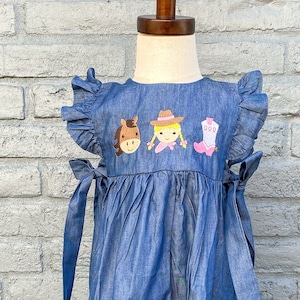 Cowgirl Trio Dress, Girls Rodeo Dress, Chambray Dress for Go Texan Day, Denim Cowgirl Dress for Baby or Toddler