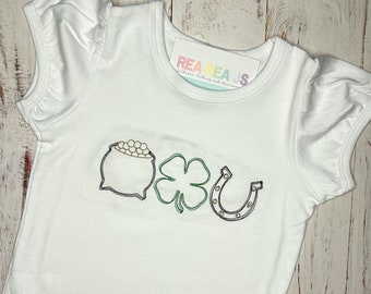 St. Patrick's Day Trio Shirt for Baby or Toddler, St. Paddy's Day Shirt with Pot of Gold, Horseshoe and Clover, Shamrock Shirt