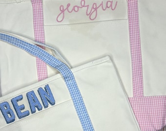 Monogrammed Gingham Tote Bag, Personalized Canvas Beach Bag, Mothers Day Gift, Teachers Gift, Girls Bag, Tote Bag for Gift