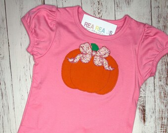 Pumpkin with Bow Embroidered Tshirt for Babies or Toddlers, Halloween Tshirt, Baby or Toddler, Thanksgiving Pumpkin Top for Girls