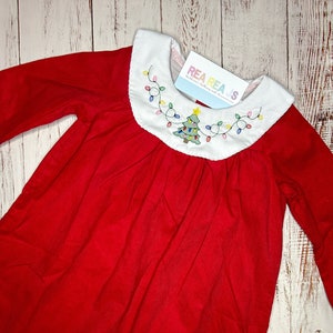 Embroidered Christmas Tree Dress for Baby, Toddler Girl, Corduroy Christmas Dress, Red  Christmas Lights Dress, Photos with Santa Outfit