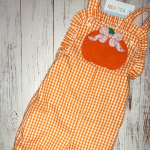 Embroidered Pumpkin Overalls for Baby, Toddler Girl, Plaid Halloween Romper, Orange Gingham Thanksgiving Trio Outfit, Pumpkin Patch Outfit