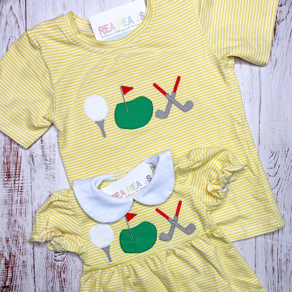 Golf Trio Shirt or Dress for Boys or Girls, Yellow Striped Golf Outfit, Kids Golf Shirt or Dress