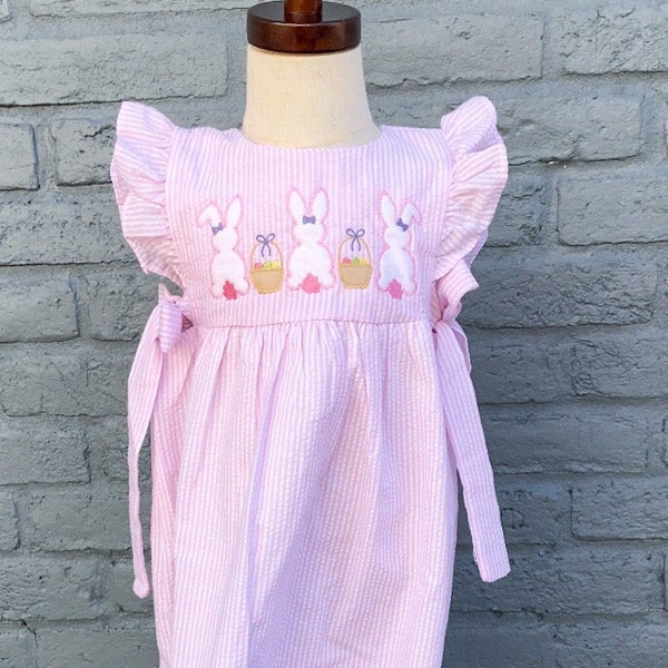 MORE COLORS, Bunny Trio Dress or Bubble, Baby or Toddler Girl Easter Dress, First Easter Outfit, Matching Brother Sister Outfit