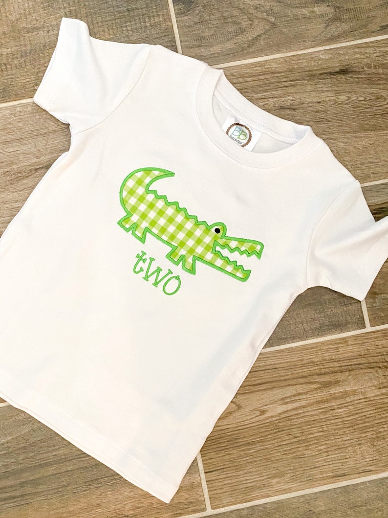 May include: White short-sleeved t-shirt with a green and white gingham alligator applique and the word "TWO" embroidered in green.