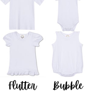 May include: Four plain white shirts for babies and toddlers. The shirts are labelled "Tshirt", "Onesies", "Flutter", and "Bubble". The shirts are all white and have a simple design. The shirts are all made from a soft, comfortable material. The shirts are all available in a range of sizes. The shirts are all ideal for everyday wear. The shirts are all available to purchase on Etsy.