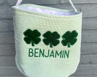 MORE COLORS Personalized St. Patrick&#39;s Day Basket, Monogrammed Leprechaun Clover Basket, Applique Shamrock Seersucker Personalized Basket