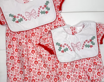 Candy Cane and Bow Dress or Bubble, Christmas Embroidered Dress, Baby or Toddler Girls Holiday Outfit, Santa Picture Outfit, Sibling Match