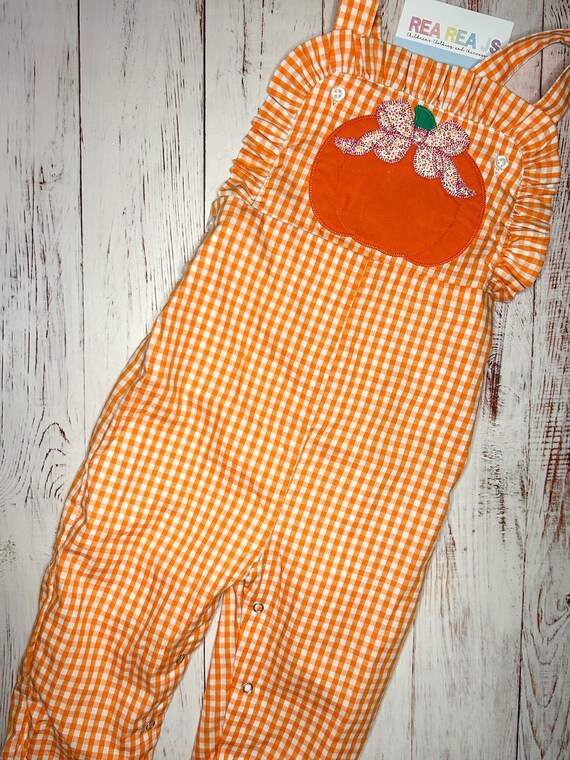 Embroidered Pumpkin Overalls for Baby, Toddler Girl, Plaid Halloween Romper, Orange Gingham Thanksgiving Trio Outfit, Pumpkin Patch Outfit