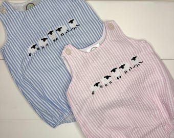 Striped Lamb Bubble for Baby Boy, Baby Girl or Toddler, Baby Shower Gift, Pink or Blue Seersucker Bubble, Spring Outfit, Summer Bubble
