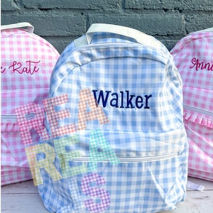 Monogrammed Gingham Nylon Backpack in Pink or Blue, Personalized Diaper Bag, School Bag for Kids image 1