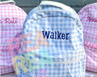 Monogrammed Gingham  Nylon Backpack in Pink or Blue,  Personalized Diaper Bag, School Bag for Kids