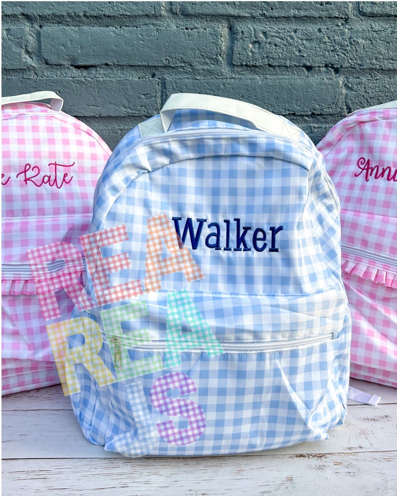 Monogrammed Gingham Nylon Backpack in Pink or Blue, Personalized Diaper Bag, School Bag for Kids image 1