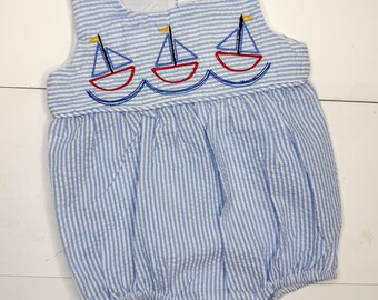 Striped Sailboat Bubble for Baby Boy, Baby Girl or Toddler, Baby Shower Gift, Blue Seersucker Bubble, Spring Outfit, Summer Bubble