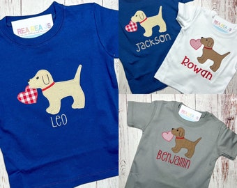 Valentine's Puppy with Heart Tee for Babies or Toddlers , Boys Valentines Day Shirt, Personalized Valentines Tshirt for Boys  Girls