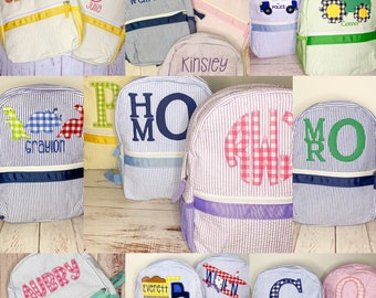 MORE COLORS, Seersucker Backpack,  Monogrammed Toddler Daycare Backpack, Applique Embroidered Baby Backpack