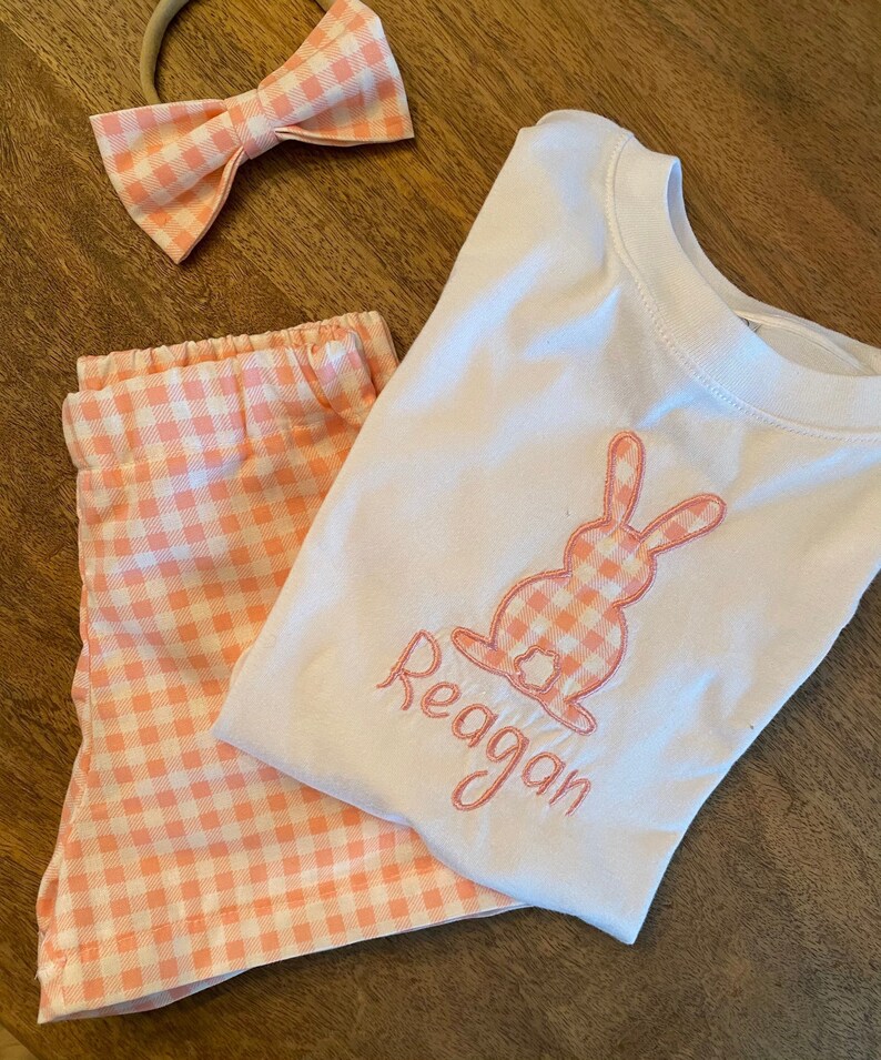 Toddler Girl Easter Bunny Light Pink Check TShirt Little Girl Easter Outfit Brother Sister Matching Outfit Bow and Shorts