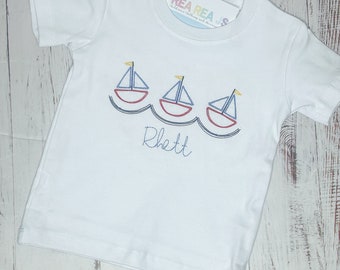 Zeilboot Trio Shirt voor baby's en peuters, jongens gepersonaliseerd zomershirt, strandreis baby monogram, peuter gepersonaliseerde zomer