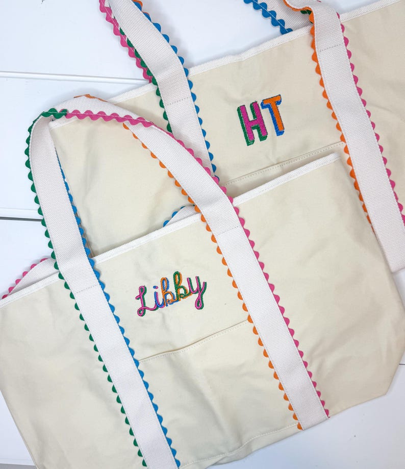 Rainbow Ric Rac Canvas Beach Bag, Monogrammed Beach Bag, Personalized ...