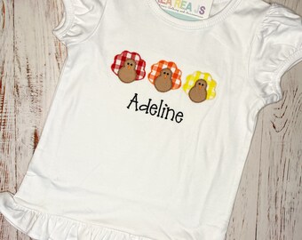 Three Turkeys Embroidered Tshirt, Turkey Trio Tshirt, Baby or Toddler, sweatshirt, Thanksgiving Top for Boys or Girls