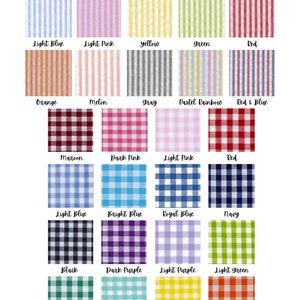 May include: A chart displaying 20 different fabric patterns arranged in a grid. The patterns feature stripes and gingham in a variety of colours, including light blue, light pink, yellow, green, red, orange, melon, grey, pastel rainbow, red and blue, maroon, dark pink, light pink, red, light blue, bright blue, royal blue, navy, black, dark purple, light purple, light green, dark green, teal, yellow, and orange.