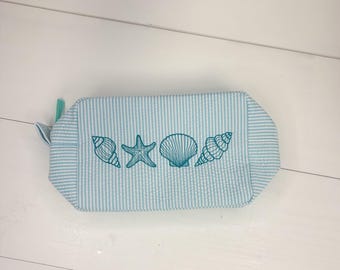Turquoise Shell Seersucker Everything Bag, Seersucker Toiletry Bag, Diaper Bag Organizer
