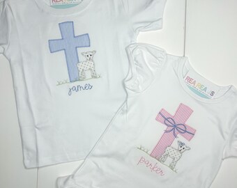 Camisa bordada religiosa de Pascua para bebé o niño pequeño, camiseta de cordero y cruz, conjuntos de Pascua a juego para hermano y hermana