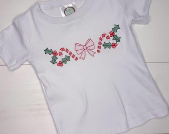 Embroidered Candy Cane and Bow Tshirt, Monogrammed Christmas Sweatshirt , Baby or Toddler, Personalized Holiday Top for Boys or Girls
