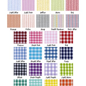 May include: A chart displaying 20 different fabric patterns arranged in a grid. The patterns feature stripes and gingham in a variety of colours, including light blue, light pink, yellow, green, red, orange, melon, grey, pastel rainbow, red and blue, maroon, dark pink, light pink, red, light blue, bright blue, royal blue, navy, black, dark purple, light purple, light green, dark green, teal, yellow, and orange.