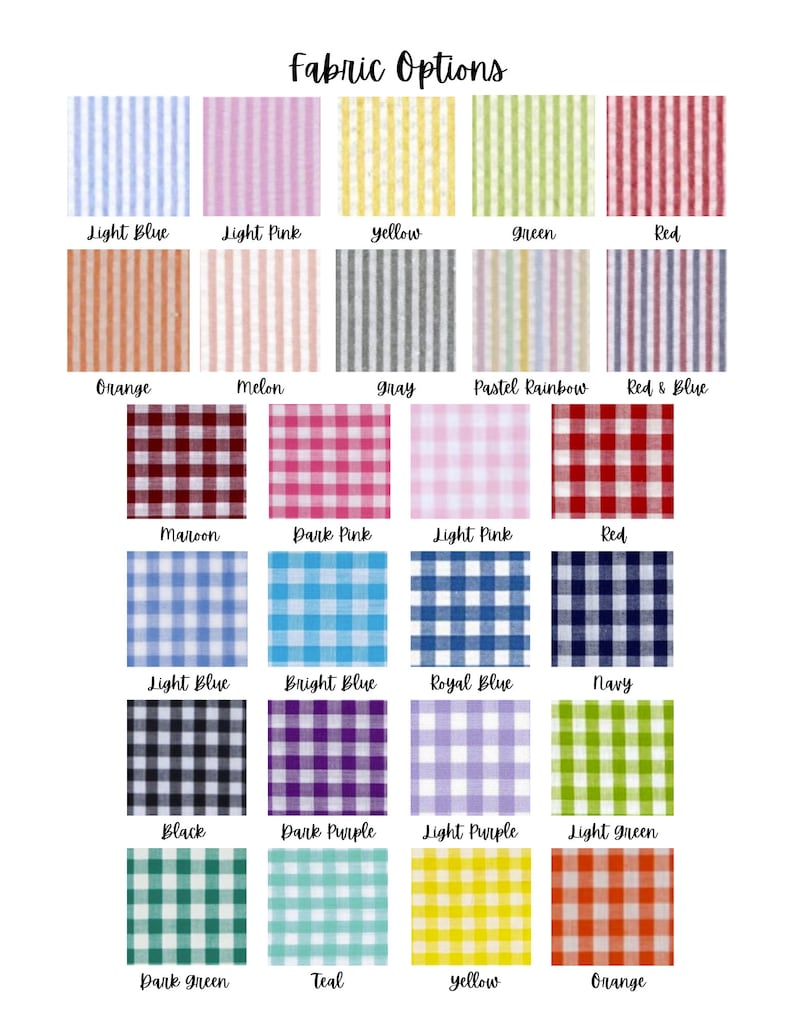 May include: A chart displaying 20 different fabric patterns arranged in a grid. The patterns feature stripes and gingham in a variety of colours, including light blue, light pink, yellow, green, red, orange, melon, grey, pastel rainbow, red and blue, maroon, dark pink, light pink, red, light blue, bright blue, royal blue, navy, black, dark purple, light purple, light green, dark green, teal, yellow, and orange.