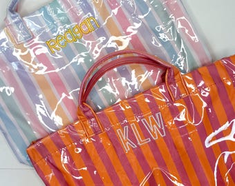 Monogrammed Wipeable Tote, Stripe Beach Bag, Personalized Tote Bag