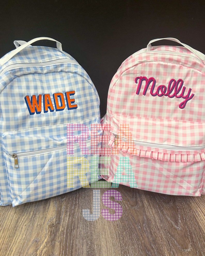 Monogrammed Gingham Nylon Backpack in Pink or Blue, Personalized Diaper Bag, School Bag for Kids image 5