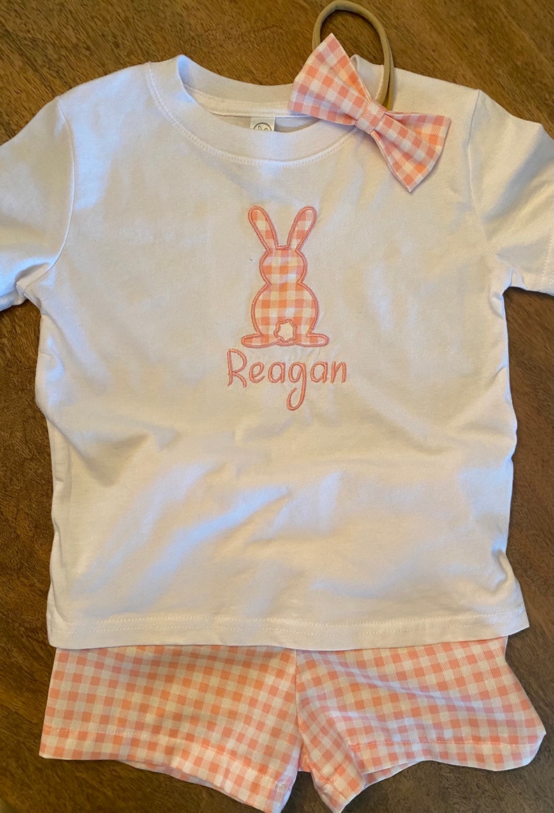 Toddler Girl Easter Bunny Light Pink Check TShirt Little Girl Easter Outfit Brother Sister Matching Outfit Bow and Shorts