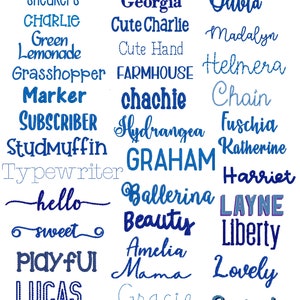 May include: A white background with a blue and black font chart featuring a variety of font styles and names. The font names include: Sneakers, Charlie, Green Lemonade, Grasshopper, Marker, Subscriber, Studmuffin, Typewriter, Hello, Sweet, Playful, Lucas, Cinnamon Cake, Georgia, Cute Charlie, Cute Hand, Farmhouse, Chachie, Hydrangea, Graham, Ballerina, Beauty, Amelia, Mama, Gracie, Olivia, Madalyn, Helmera, Chain, Fuschia, Katherine, Harriet, Layne, Liberty, Lovely, Spirit.
