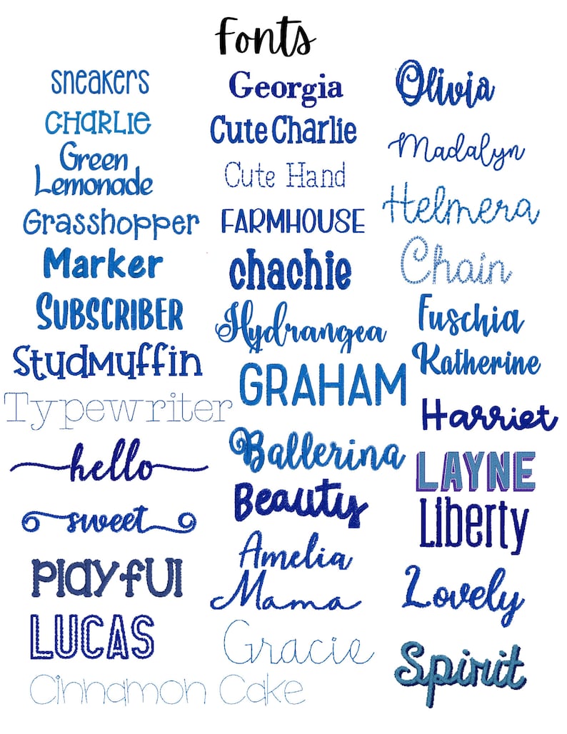 May include: A white background with a blue and black font chart featuring a variety of font styles and names. The font names include: Sneakers, Charlie, Green Lemonade, Grasshopper, Marker, Subscriber, Studmuffin, Typewriter, Hello, Sweet, Playful, Lucas, Cinnamon Cake, Georgia, Cute Charlie, Cute Hand, Farmhouse, Chachie, Hydrangea, Graham, Ballerina, Beauty, Amelia, Mama, Gracie, Olivia, Madalyn, Helmera, Chain, Fuschia, Katherine, Harriet, Layne, Liberty, Lovely, Spirit.
