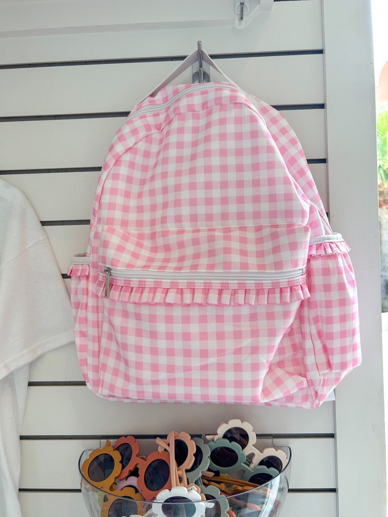 Monogrammed Gingham Nylon Backpack in Pink or Blue, Personalized Diaper Bag, School Bag for Kids image 9