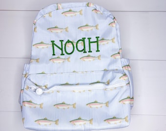 Monogrammed Fishing Backpack, Personalized Fish Bag Bag, Boys School Bag, Full size backpack with Fish
