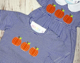 Three Pumpkins Striped Embroidered Tshirt Babies or Toddlers, Halloween Tshirt, Baby or Toddler, Thanksgiving Pumpkin Top for Boys or Girls