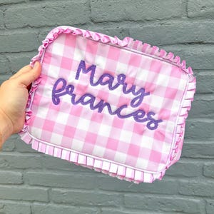 Nylon Monogrammed Seersucker Cosmetic Bag, Gingham and Striped Toiletry Bag, Personalized Nylon Cosmetic Bag