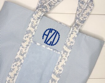 Monogrammed Seersucker and Floral Tote, Personalized Tote Bag