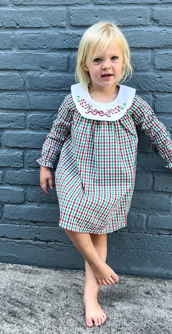 girls gingham christmas dress Embroidered for Baby, Toddler Girl, Plaid Christmas Dress, Red and Green Candy Dress, Photos With Santa Outfit christmas dress for girls
