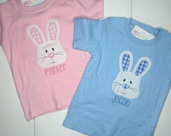 Camisa bordada con cara de conejito de Pascua para bebé o niño pequeño, camiseta de conejito de Pascua, conjuntos de Pascua a juego para hermano y hermana