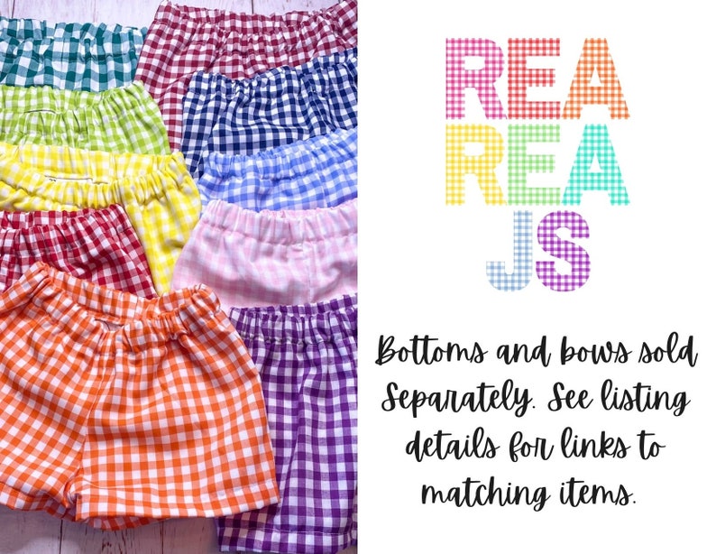 May include: A set of ten gingham shorts in various colours, including red, blue, yellow, green, orange, and purple. The shorts are all made of a lightweight fabric and have a checkered pattern. The text "REA REA JS" is visible in the background.