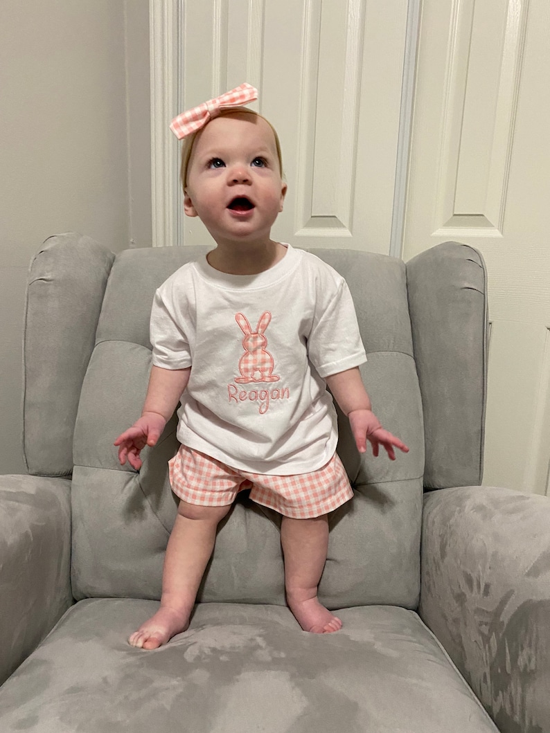 Toddler Girl Easter Bunny Light Pink Check TShirt Little Girl Easter Outfit Brother Sister Matching Outfit Bow and Shorts